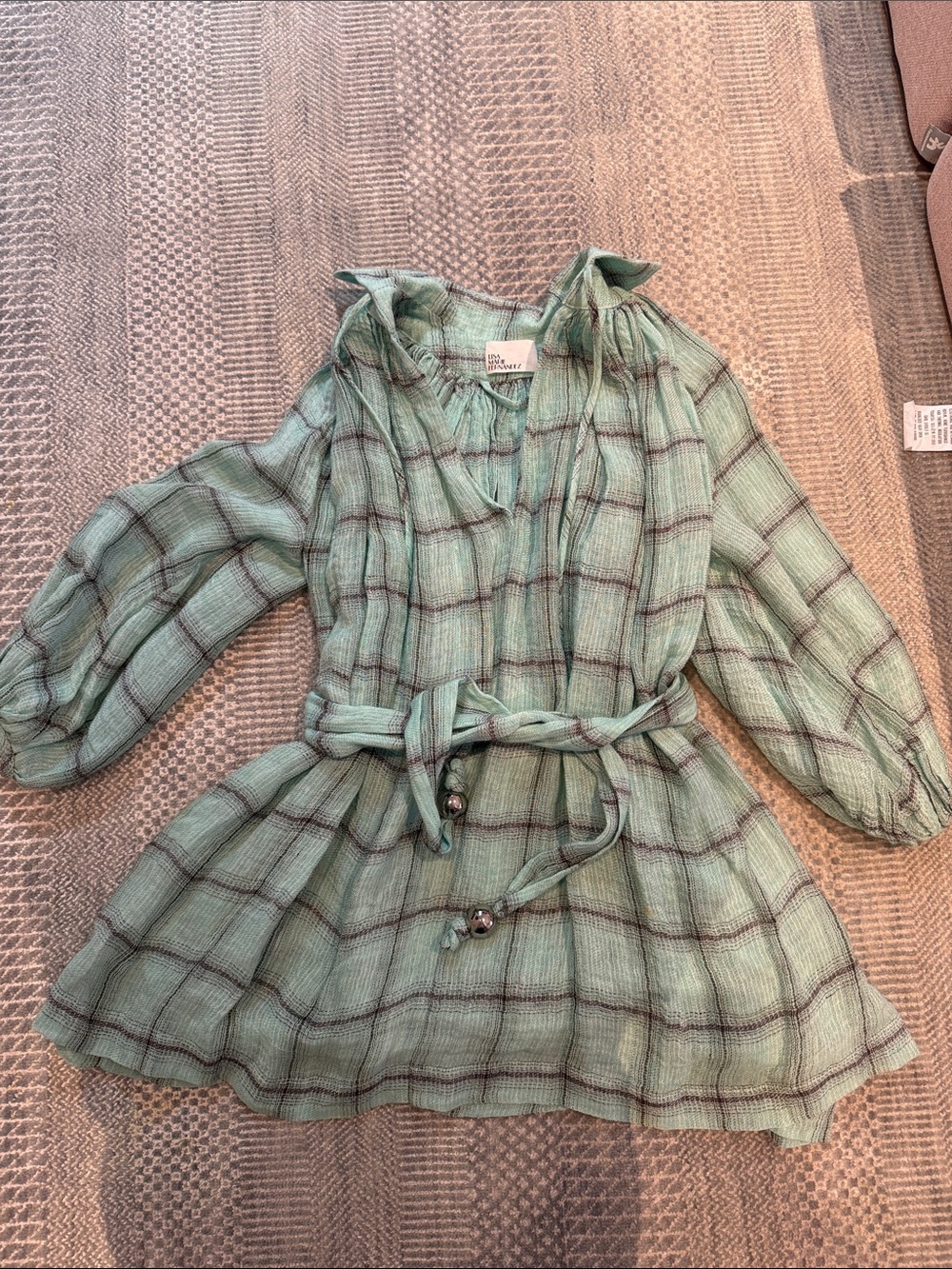 Lisa Marie Fernandez Mint Plaid Tie-Waist Mini Dress